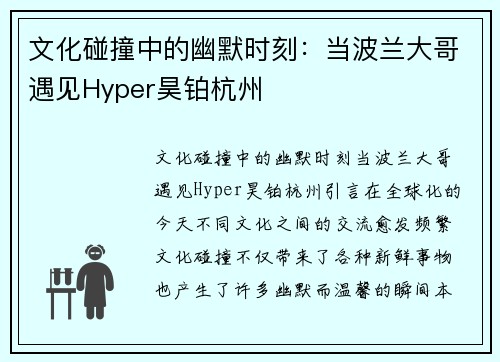 文化碰撞中的幽默时刻：当波兰大哥遇见Hyper昊铂杭州