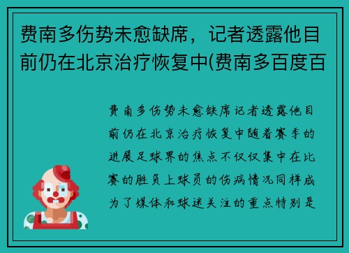 费南多伤势未愈缺席，记者透露他目前仍在北京治疗恢复中(费南多百度百科)